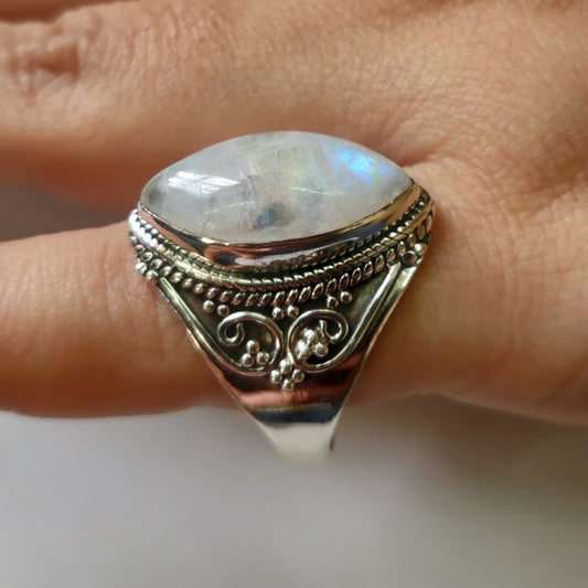 925 SOLID STERLING SILVER NATURAL RAINBOW MOONSTONE GEMSTONES HANDMADE RING, ALL SIZES AVAILABLE