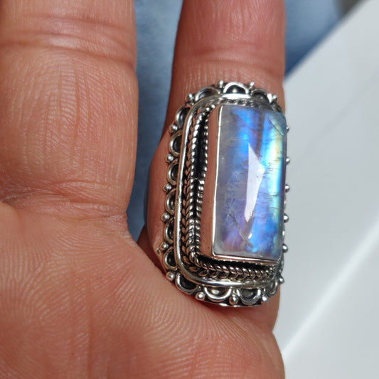 925 SOLID STERLING SILVER NATURAL RAINBOW MOONSTONE GEMSTONES HANDMADE RING, ALL SIZES AVAILABLE