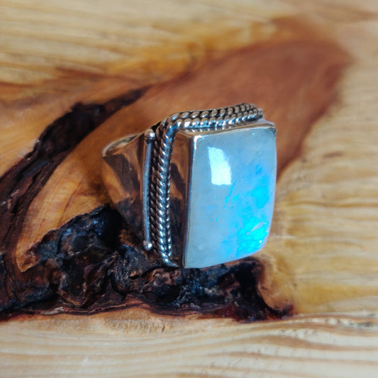 925 SOLID STERLING SILVER NATURAL RAINBOW MOONSTONE GEMSTONES HANDMADE RING, ALL SIZES AVAILABLE