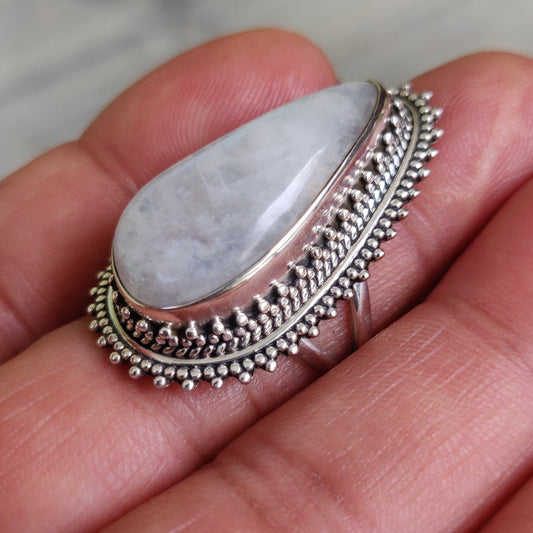 925 SOLID STERLING SILVER NATURAL RAINBOW MOONSTONE GEMSTONES HANDMADE RING, ALL SIZES AVAILABLE