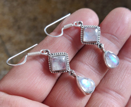 925 SOLID STERLING SILVER NATURAL RAINBOW MOONSTONE GEMSTONE HOOK EARRING