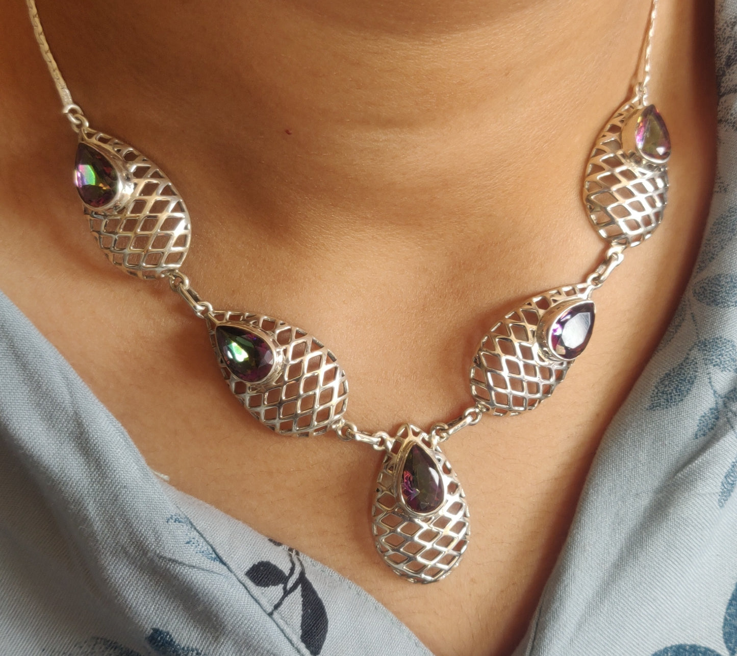 925 SOLID STERLING SILVER NATURAL MYSTIC QUARTZ HANDMADE NECKLACE,18 INCHES