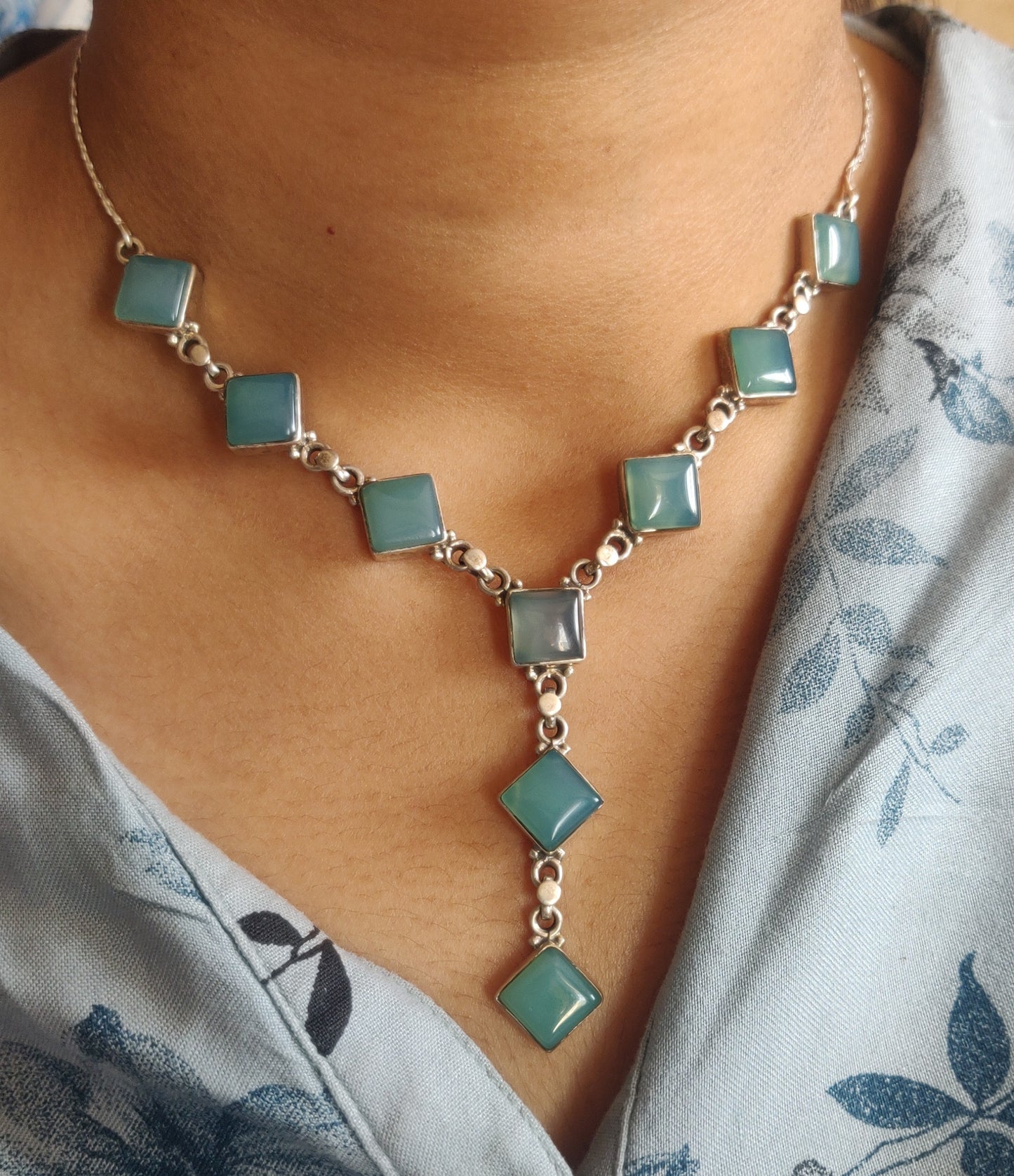 925 SOLID STERLING SILVER NATURAL BLUE CHALCEDONY HANDMADE NECKLACE,18 INCHES