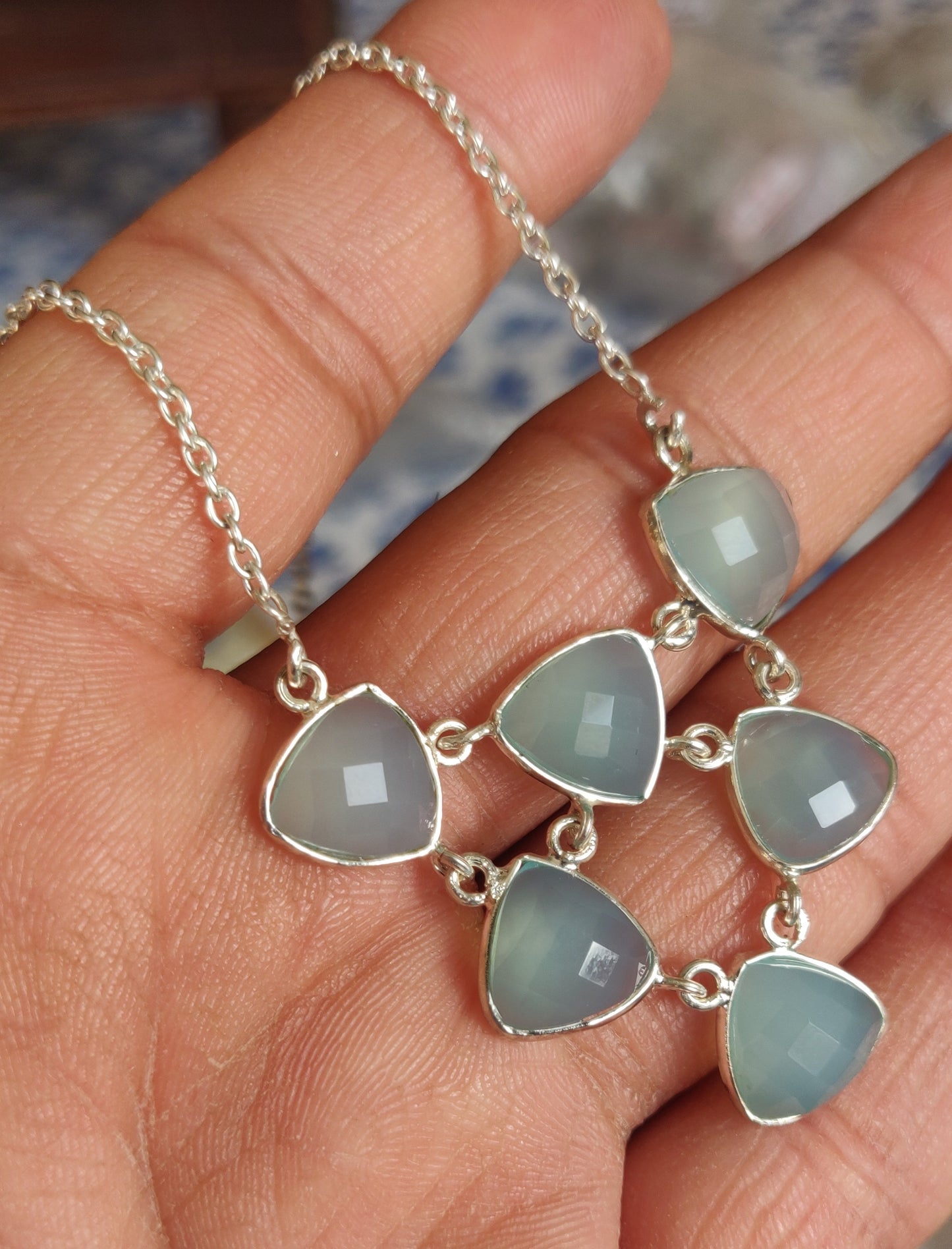 925 SOLID STERLING SILVER NATURAL BLUE CHALCEDONY HANDMADE NECKLACE,18 INCHES