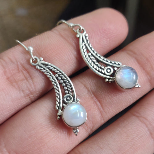 925 SOLID STERLING SILVER NATURAL RAINBOW MOONSTONE GEMSTONE HOOK EARRING