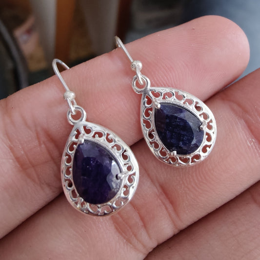 925 SOLID STERLING SILVER NATURAL BLUE SAPPHIRE GEMSTONE HOOK EARRING