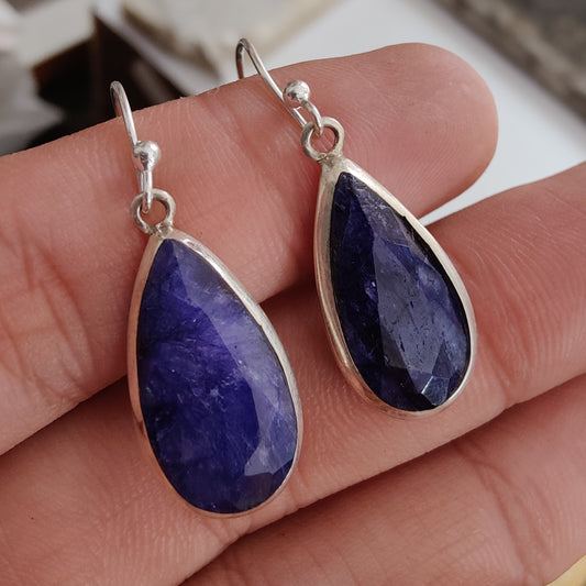 925 SOLID STERLING SILVER NATURAL BLUE SAPPHIRE GEMSTONE HOOK EARRING