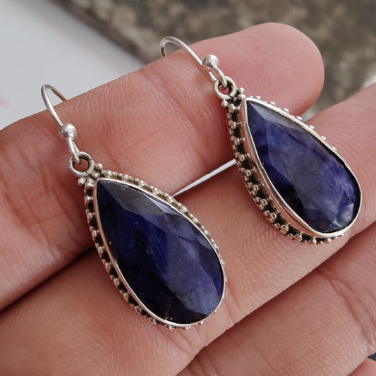 925 SOLID STERLING SILVER NATURAL BLUE SAPPHIRE GEMSTONE HOOK EARRING
