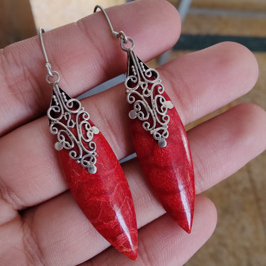 925 SOLID STERLING SILVER NATURAL RED CORAL GEMSTONE HOOK EARRING