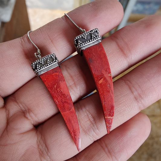 925 SOLID STERLING SILVER NATURAL RED CORAL GEMSTONE HOOK EARRING