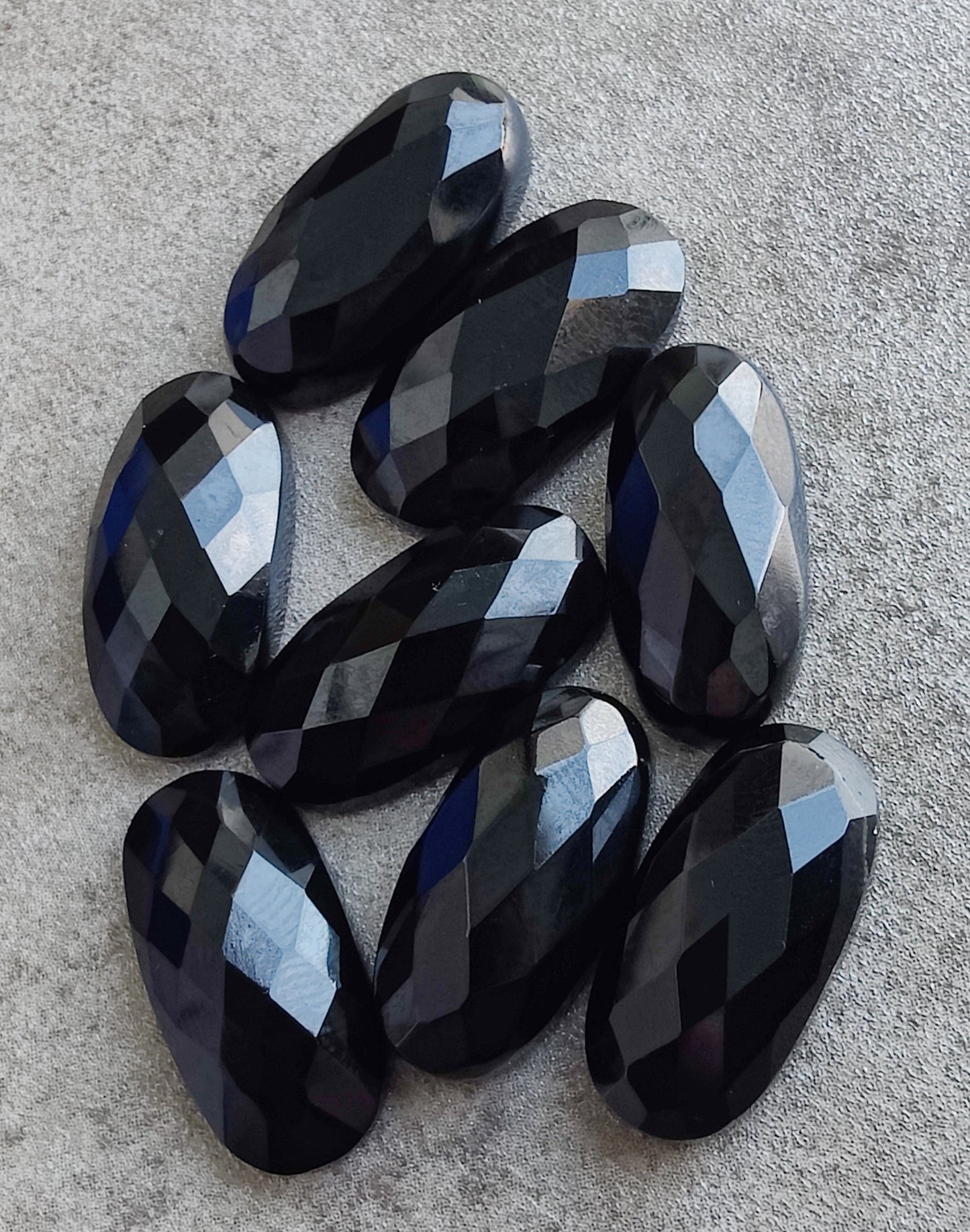 NATURAL BLACK ONYX CHECKER CUT FLAT BACK BIG OVAL SHAPE CALIBRATED GEMSTONES, ALL SIZES AVAILABLE