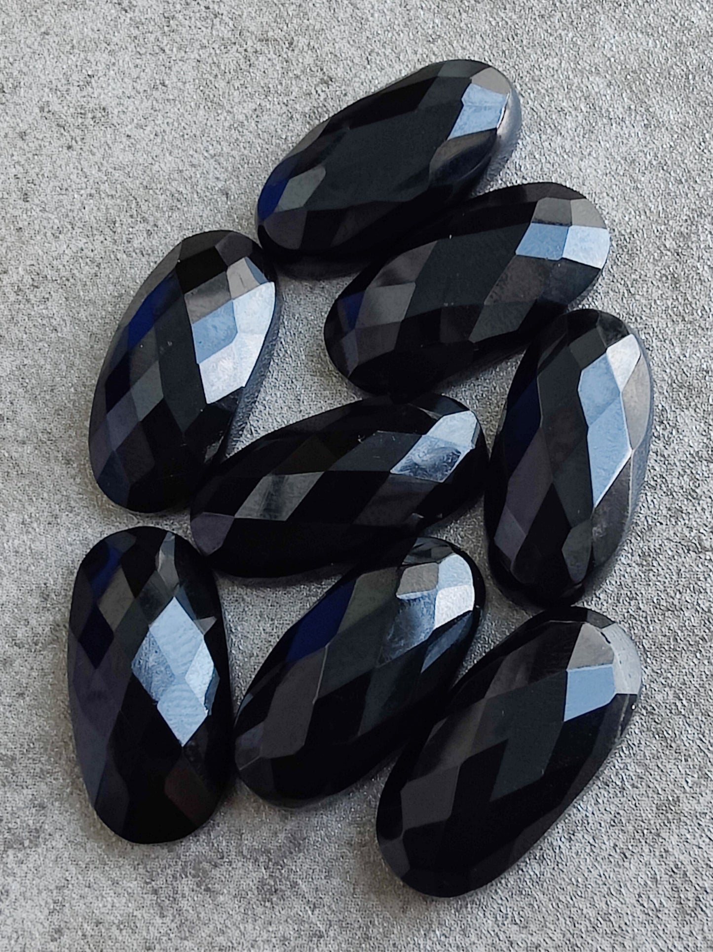 NATURAL BLACK ONYX CHECKER CUT FLAT BACK BIG OVAL SHAPE CALIBRATED GEMSTONES, ALL SIZES AVAILABLE