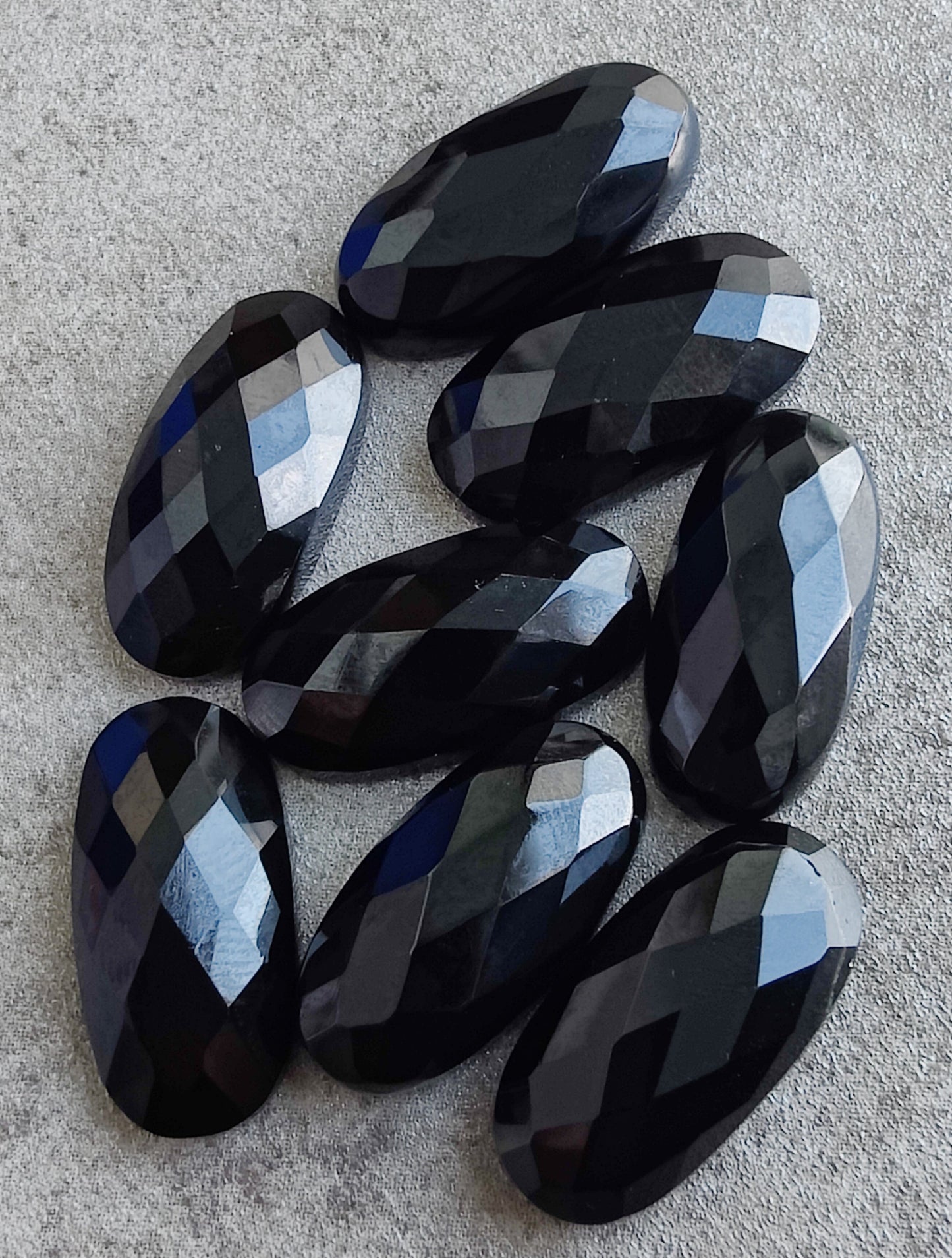 NATURAL BLACK ONYX CHECKER CUT FLAT BACK BIG OVAL SHAPE CALIBRATED GEMSTONES, ALL SIZES AVAILABLE