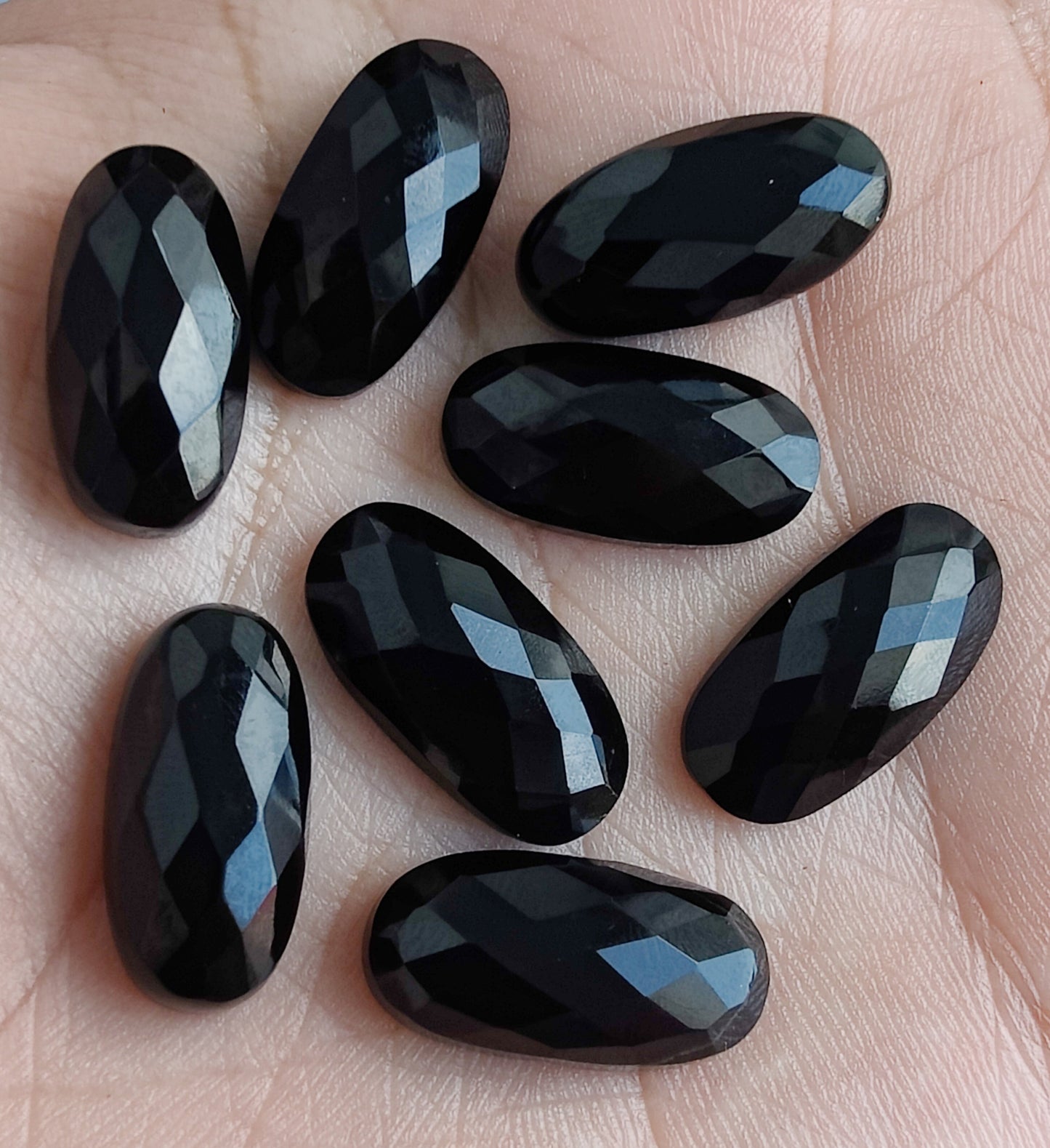 NATURAL BLACK ONYX CHECKER CUT FLAT BACK BIG OVAL SHAPE CALIBRATED GEMSTONES, ALL SIZES AVAILABLE