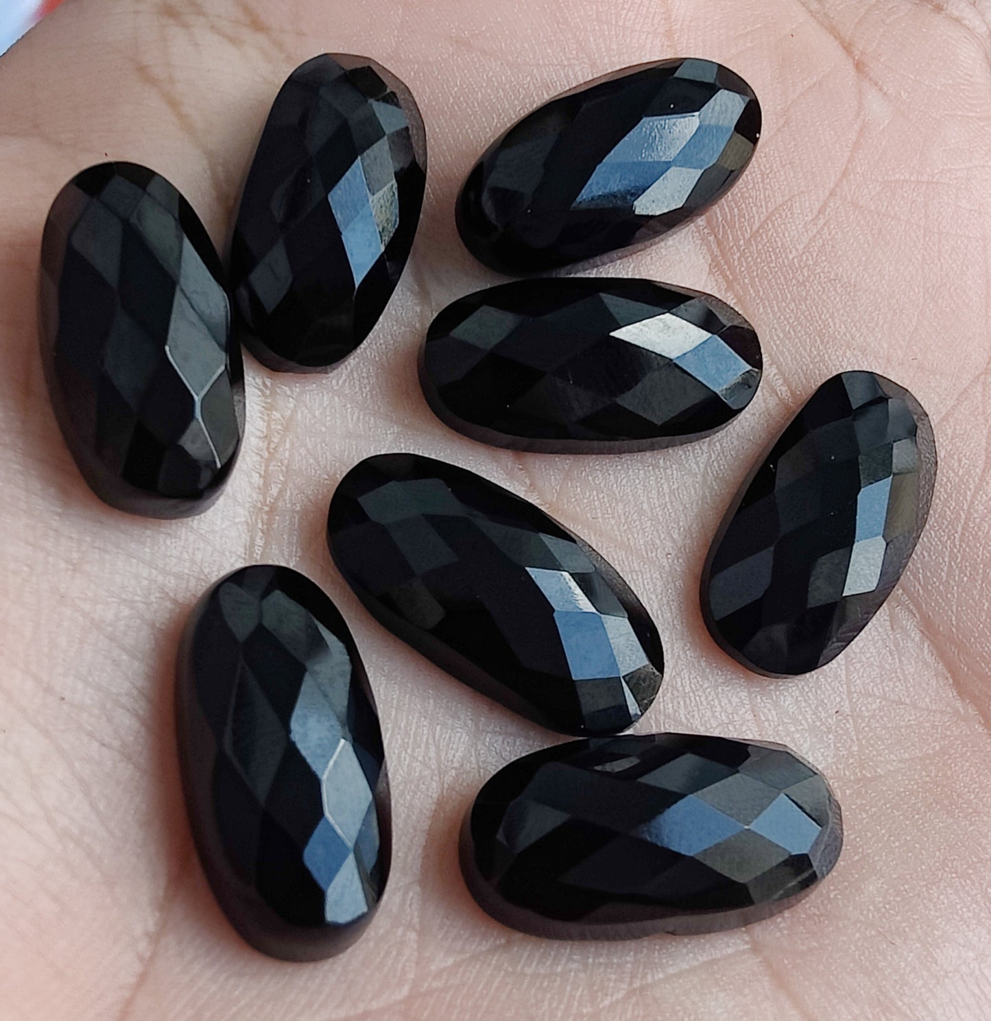 NATURAL BLACK ONYX CHECKER CUT FLAT BACK BIG OVAL SHAPE CALIBRATED GEMSTONES, ALL SIZES AVAILABLE