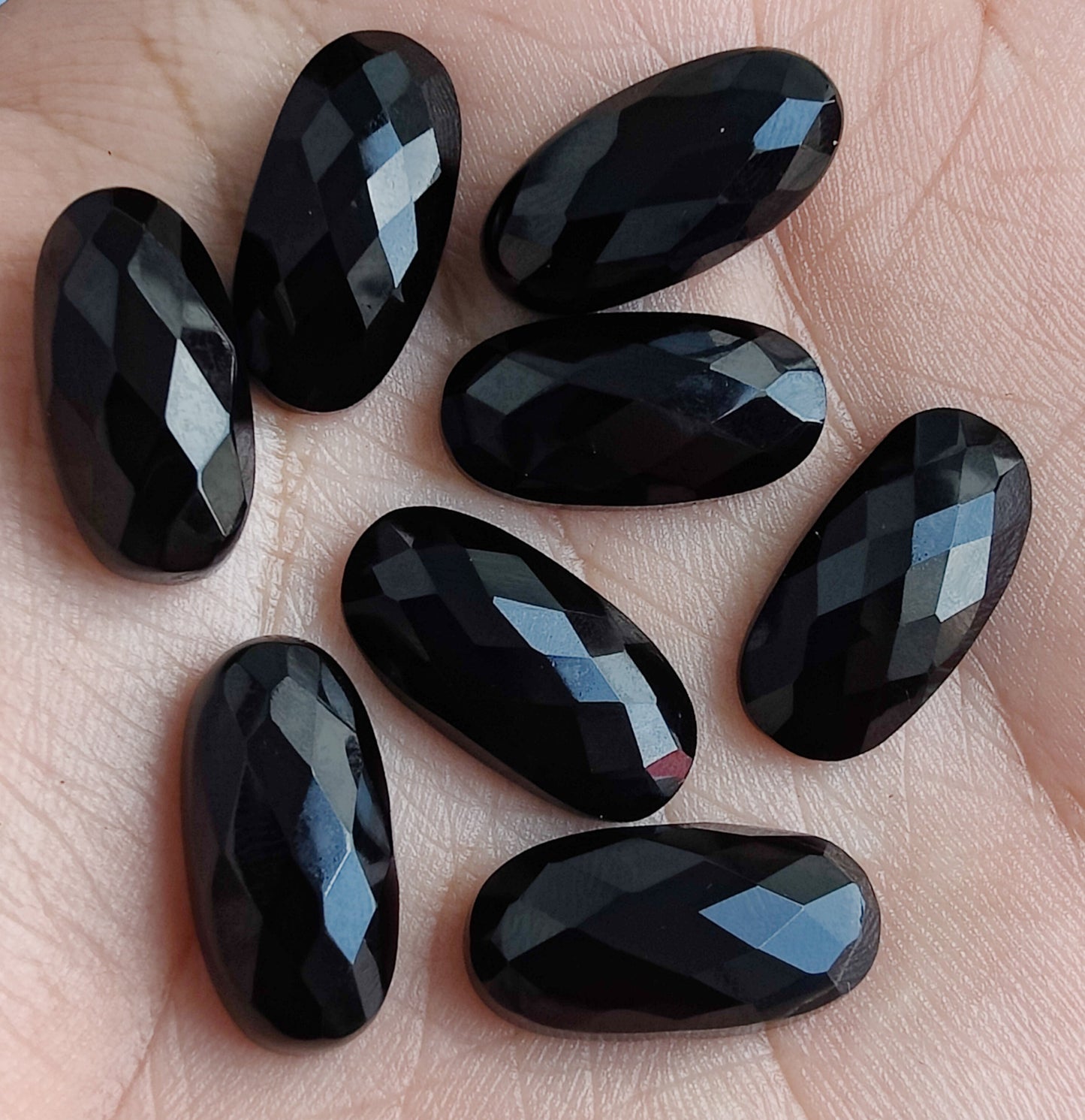 NATURAL BLACK ONYX CHECKER CUT FLAT BACK BIG OVAL SHAPE CALIBRATED GEMSTONES, ALL SIZES AVAILABLE