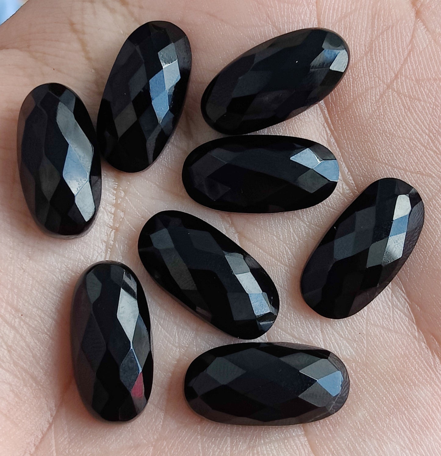 NATURAL BLACK ONYX CHECKER CUT FLAT BACK BIG OVAL SHAPE CALIBRATED GEMSTONES, ALL SIZES AVAILABLE