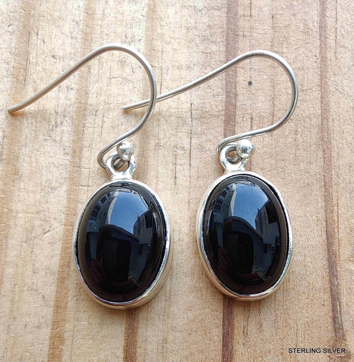925 SOLID STERLING SILVER NATURAL BLACK ONYX GEMSTONE HOOK EARRING