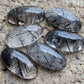 AAA+ QUALITY NATURAL BLACK RUTILE BIG OVAL SHAPE CABOCHON FLAT BACK CALIBRATED BEDA SHAPE GEMSTONES, ALL SIZES AVAILABLE