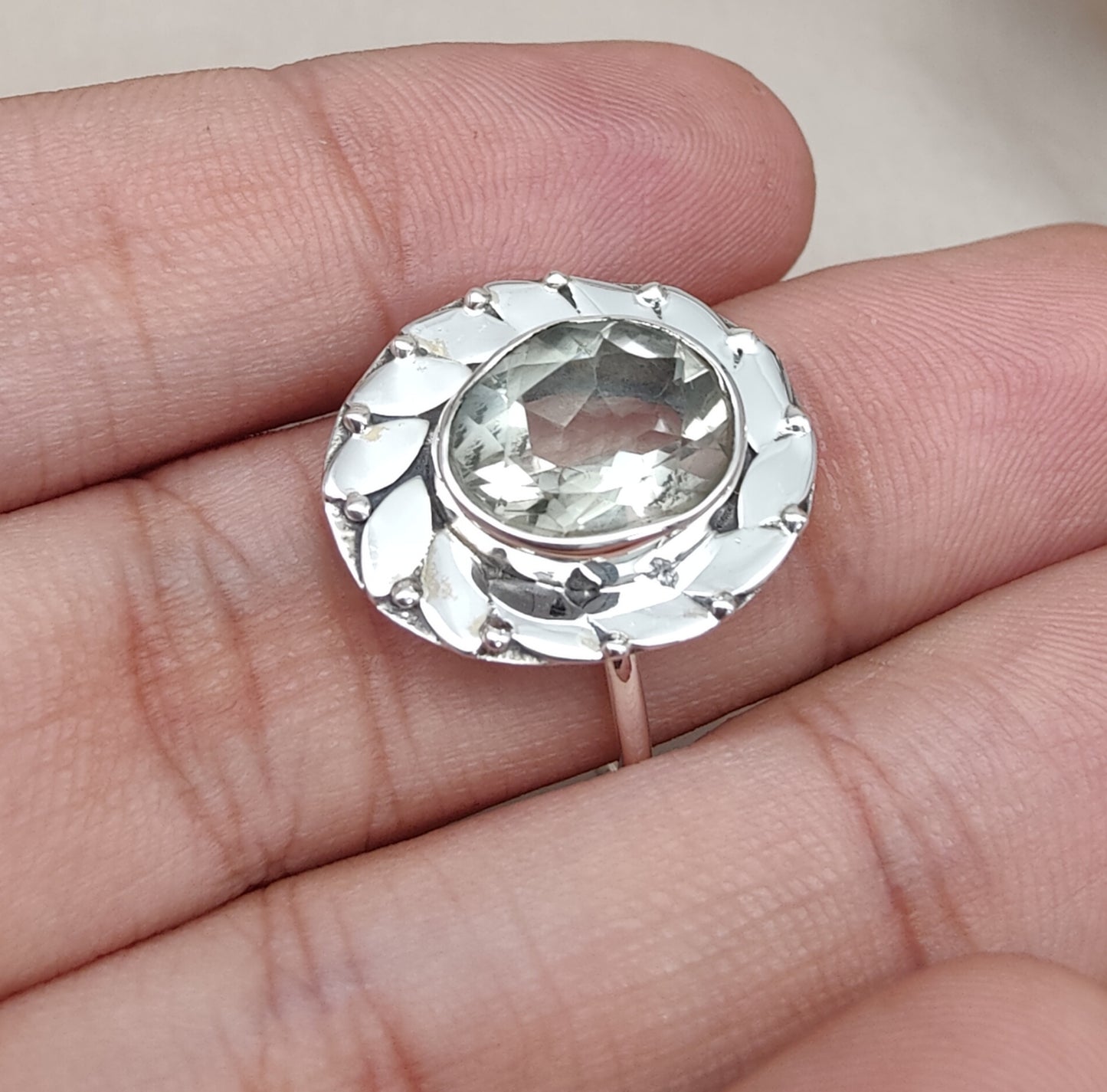 925 SOLID STERLING SILVER NATURAL GREEN AMETHYST GEMSTONE HANDMADE RING, ALL SIZES AVAILABLE