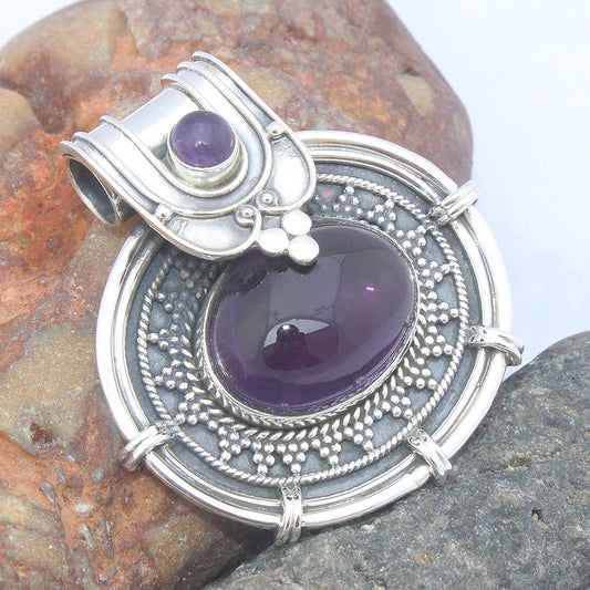 925 SOLID STERLING SILVER NATURAL AMETHYST MUTI COLLET VINTAGE PENDANT