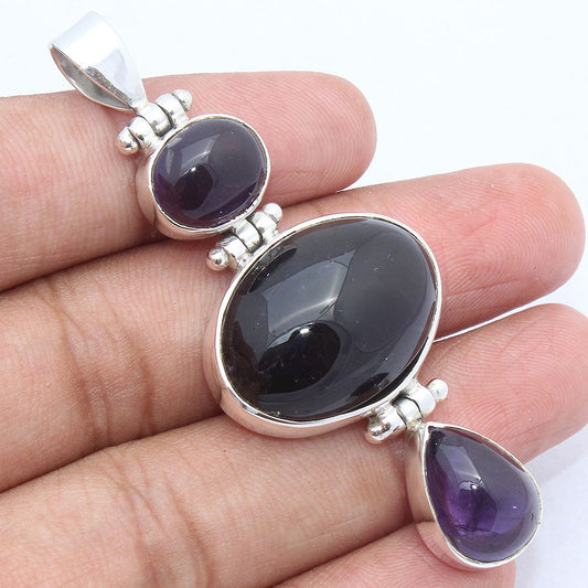 925 SOLID STERLING SILVER NATURAL AMETHYST BLACK ONYX PENDANT