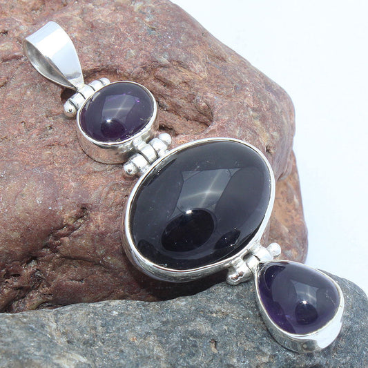 925 SOLID STERLING SILVER NATURAL AMETHYST BLACK ONYX PENDANT
