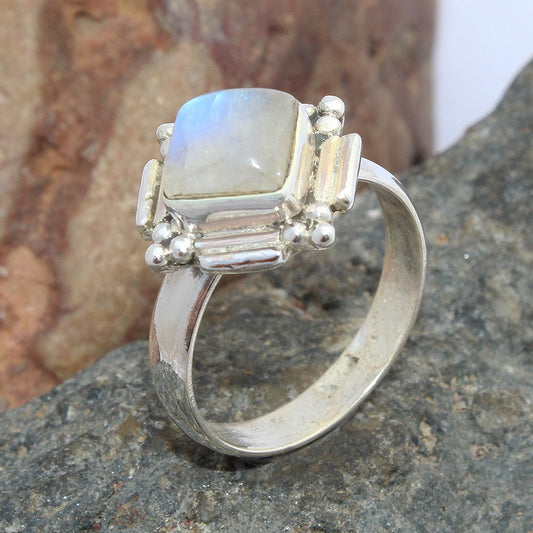 925 SOLID STERLING SILVER NATURAL RAINBOW MOONSTONE GEMSTONES HANDMADE RING, ALL SIZES AVAILABLE