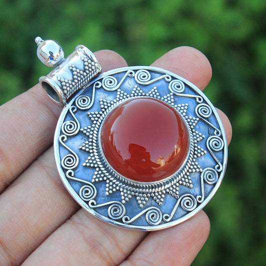 925 SOLID STERLING SILVER NATURAL RED ONYX DESIGNER HANDMADE PENDANT