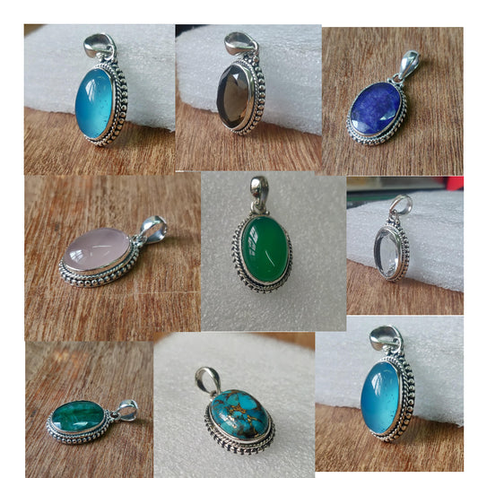 925 SOLID STERLING SILVER NATURAL GEMSTONES HANDMADE PENDANT PACK OF 9 PIECES