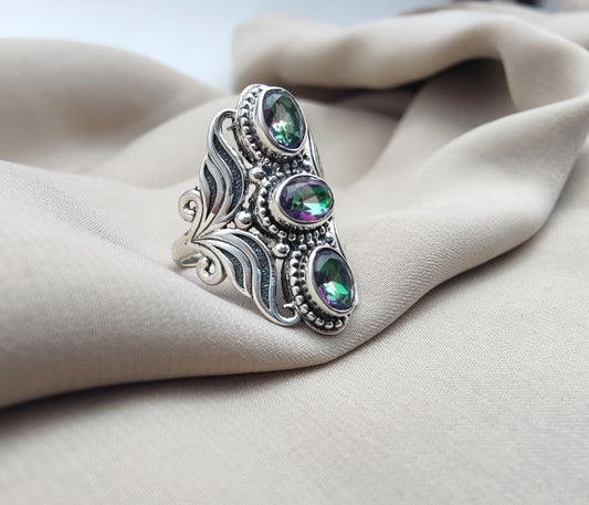 925 SOLID STERLING SILVER NATURAL MYSTIC QUARTZ GEMSTONES HANDMADE RING, ALL SIZES AVAILABLE