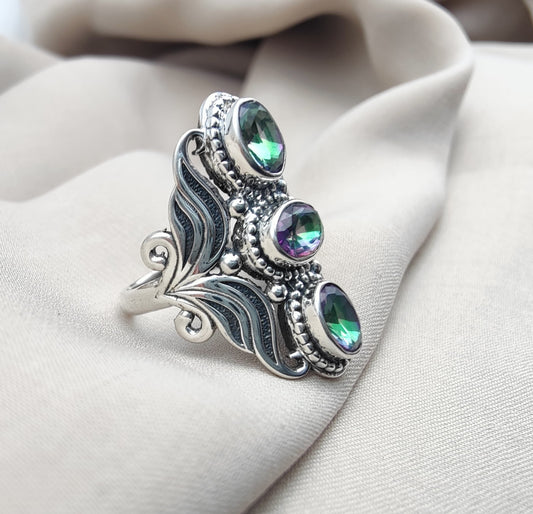 925 SOLID STERLING SILVER NATURAL MYSTIC QUARTZ GEMSTONES HANDMADE RING, ALL SIZES AVAILABLE