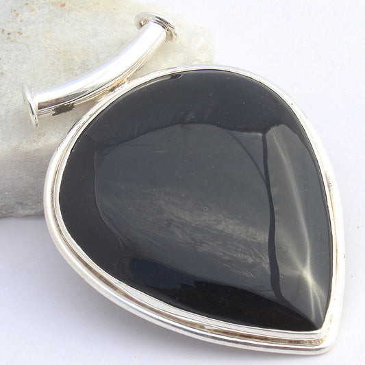 NATURAL BLACK ONYX 925 SOLID STERLING SILVER HANDMADE UNIQUE PENDANT