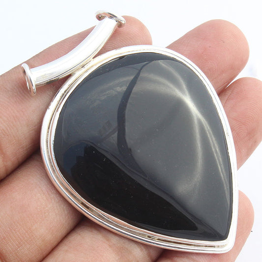 NATURAL BLACK ONYX 925 SOLID STERLING SILVER HANDMADE UNIQUE PENDANT