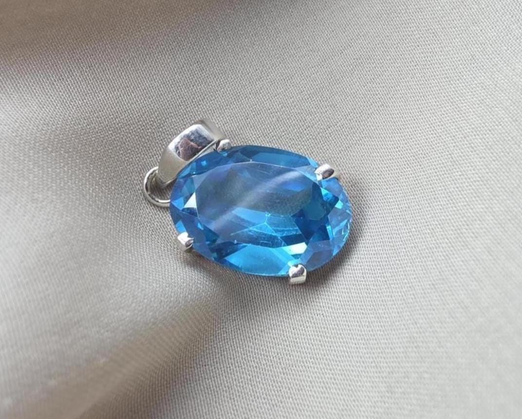 925 Sterling Silver Oval Blue Quartz Pendant, Natural Gemstone Charm, Boho Statement Jewelry