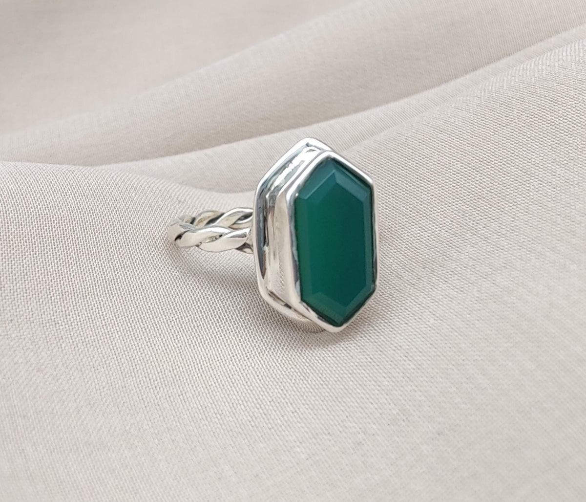 Green Onyx Hexagon Ring: 925 Sterling Silver, Handmade Jewelry