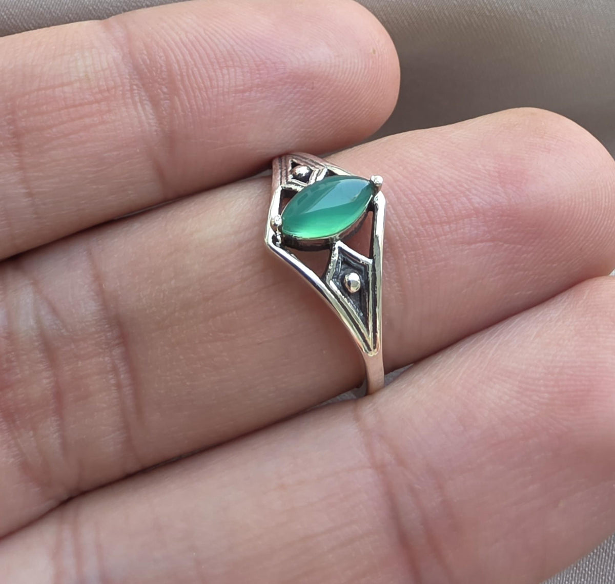 Green Onyx Ring Marquise Cut 925 Sterling Silver Boho Geometric Statement Jewelry