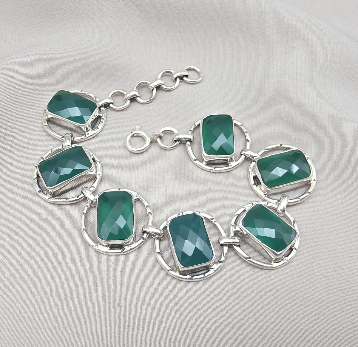 925 Sterling Silver Green Onyx Bracelet Bold Statement Gemstone Link Bracelet Gift for Her