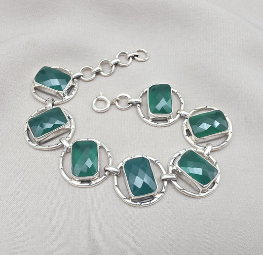 925 Sterling Silver Green Onyx Bracelet Bold Statement Gemstone Link Bracelet Gift for Her
