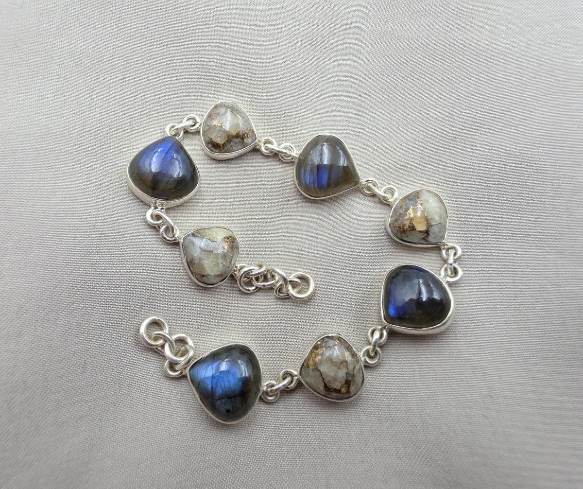 925 Sterling Silver Labradorite & Copper Calcite Bracelet Natural Gemstone Link Bracelet Handmade Boho Jewelry