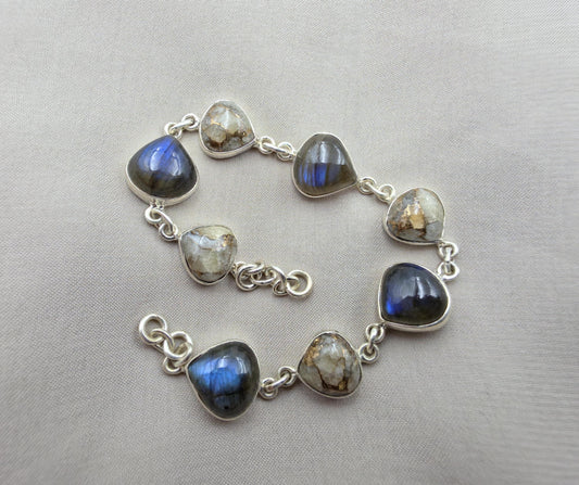 925 Sterling Silver Labradorite & Copper Calcite Bracelet Natural Gemstone Link Bracelet Handmade Boho Jewelry