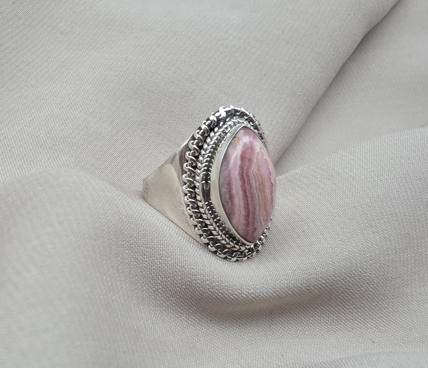 Rhodochrosite 925 Sterling Silver Ring Marquise Gemstone Boho Statement Ring Crystal Jewelry