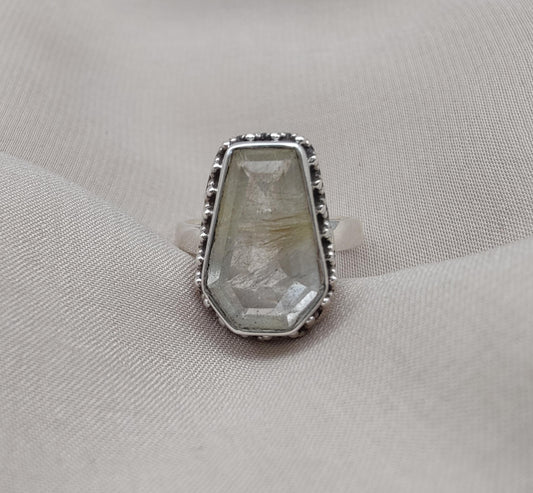 Golden Rutile Ring: 925 Sterling Silver Coffin Shape, Vintage Style