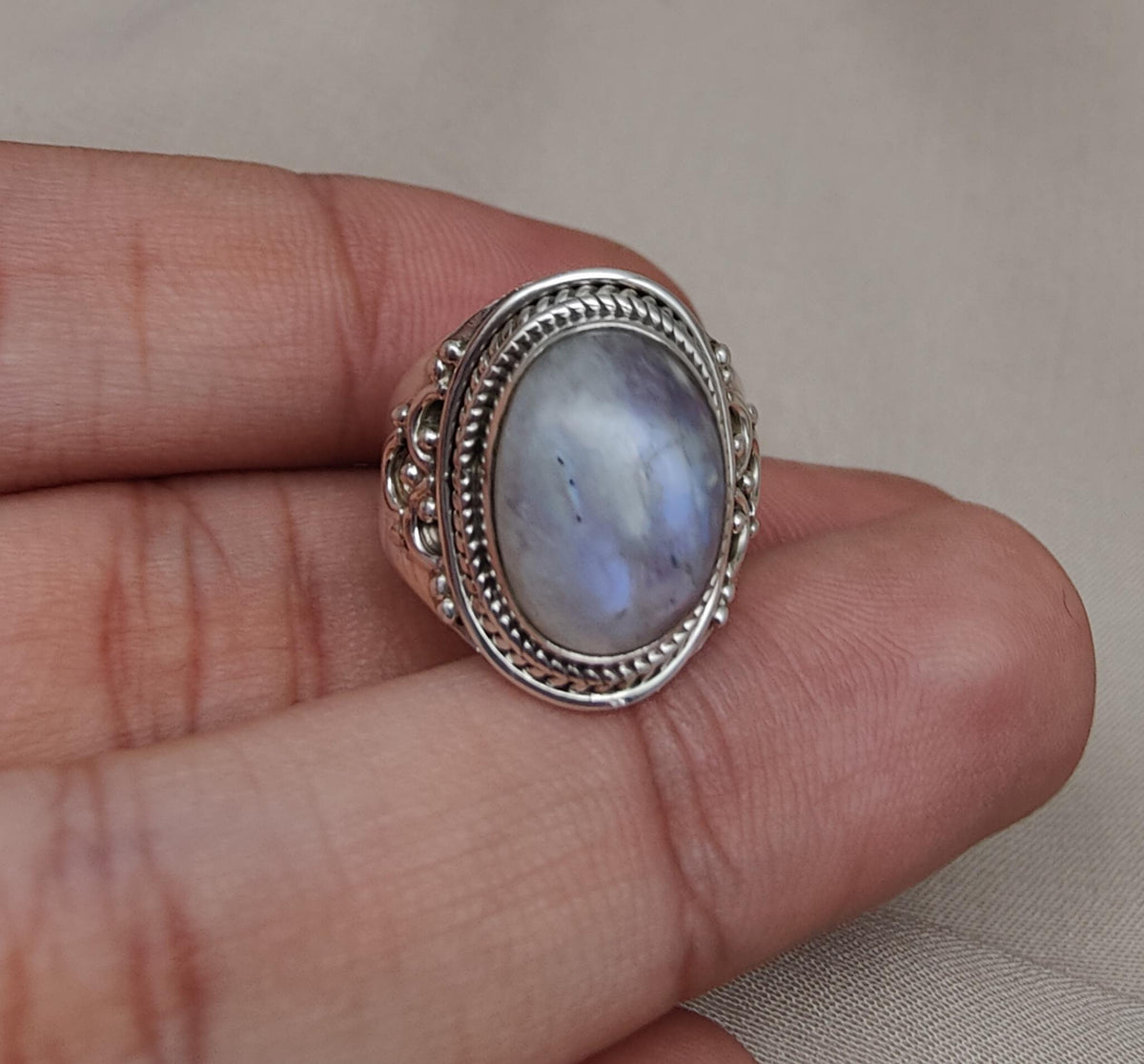 Rainbow Moonstone Ring: Handmade 925 Sterling Silver Boho Statement