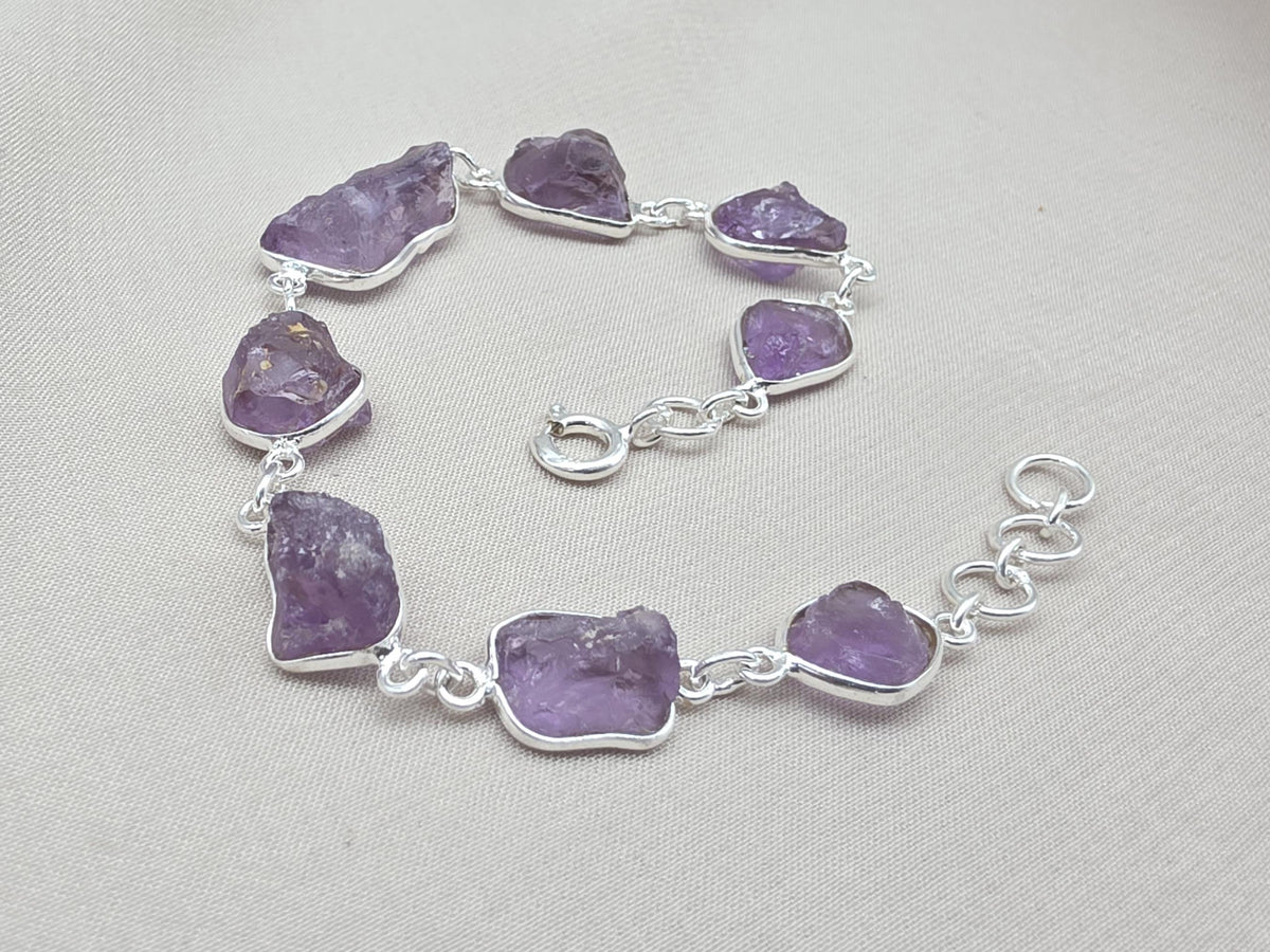 Raw Amethyst 925 Sterling Silver Link Bracelet – Boho Gemstone Jewelry