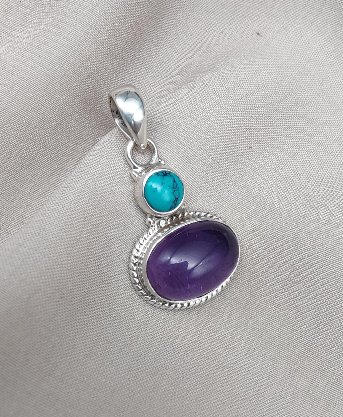 Amethyst Turquoise Pendant: Handmade 925 Sterling Silver Boho Necklace