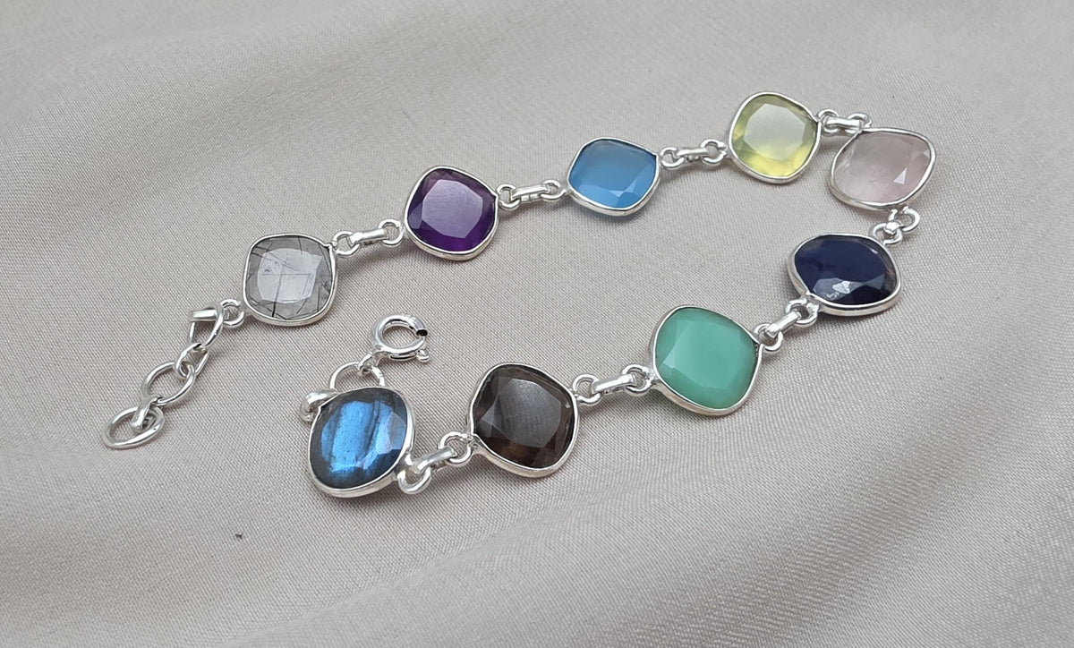 925 Sterling Silver Multi Stone Bracelet Natural Gemstone Cushion Link Jewelry