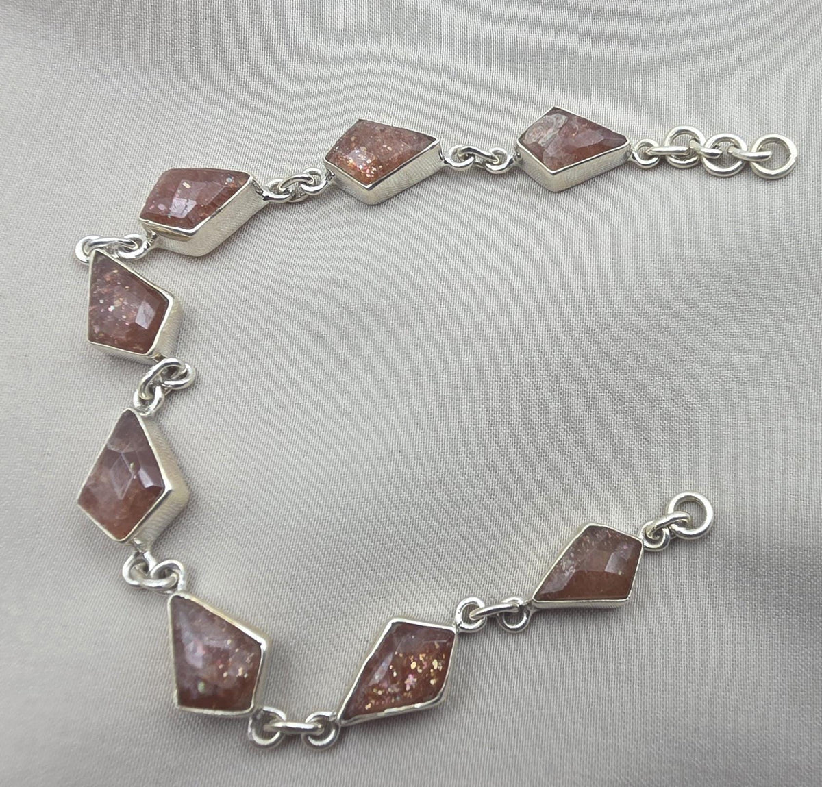 925 Sterling Silver Natural Sunstone Bracelet Handmade Gemstone Link Jewelry