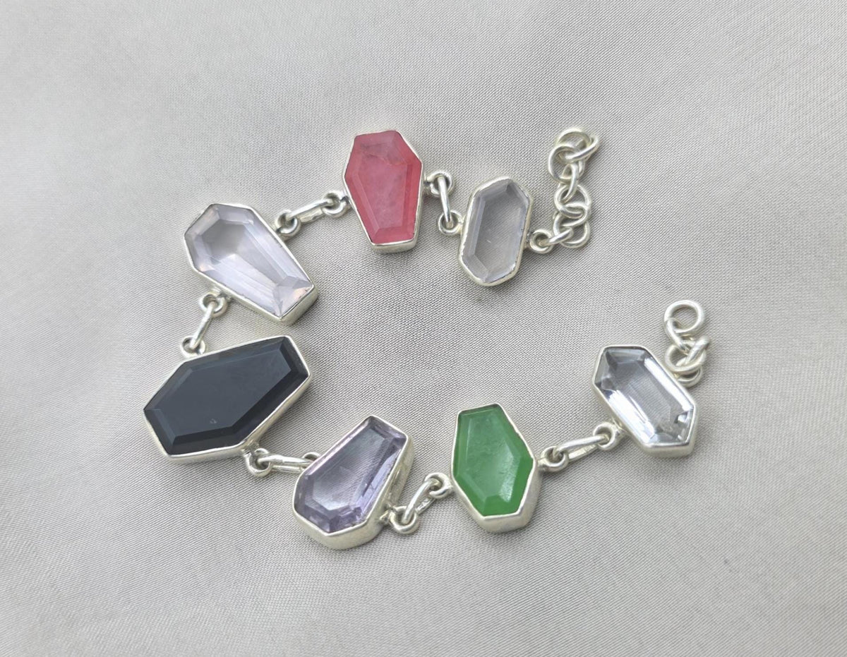 925 Sterling Silver Multi Gemstone Bracelet Coffin Cut Link Bracelet Handmade Jewelry