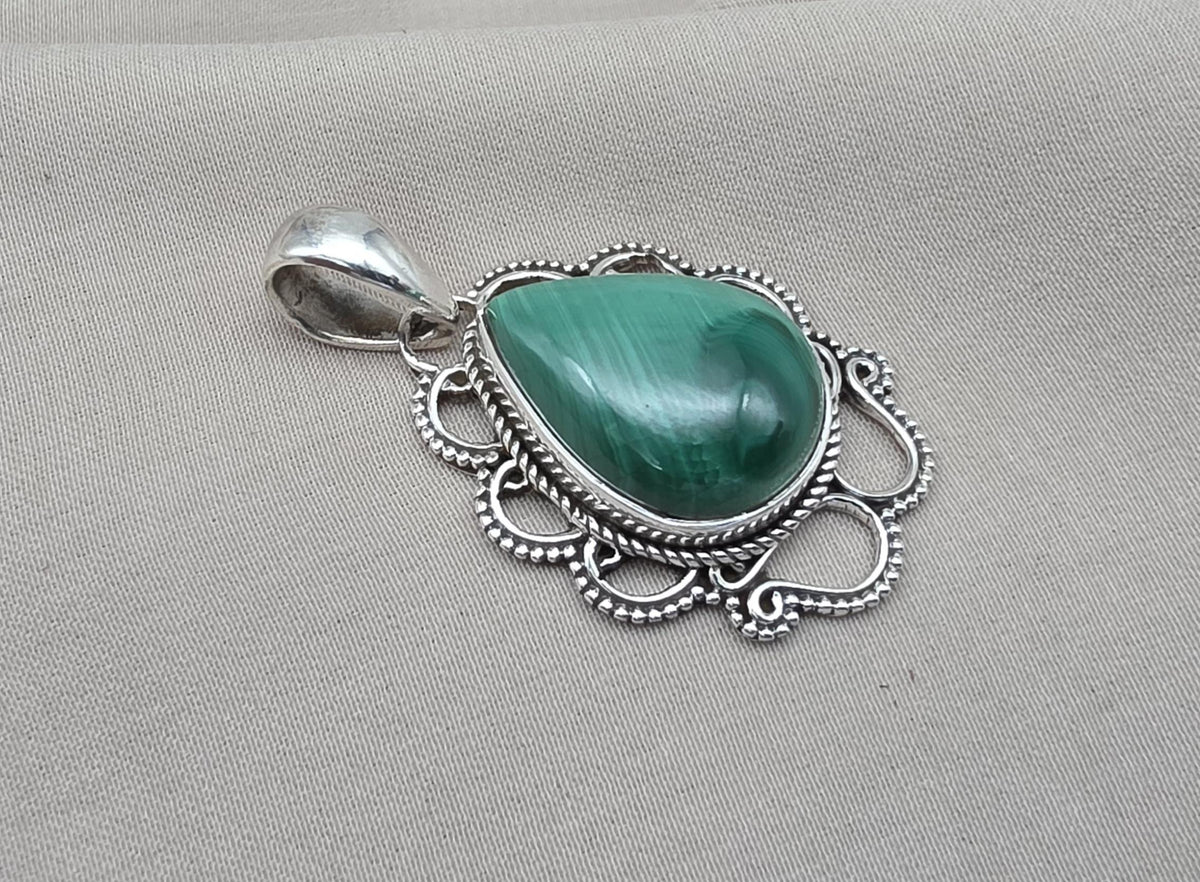 Teardrop Malachite Pendant: 925 Sterling Silver Healing Crystal Necklace